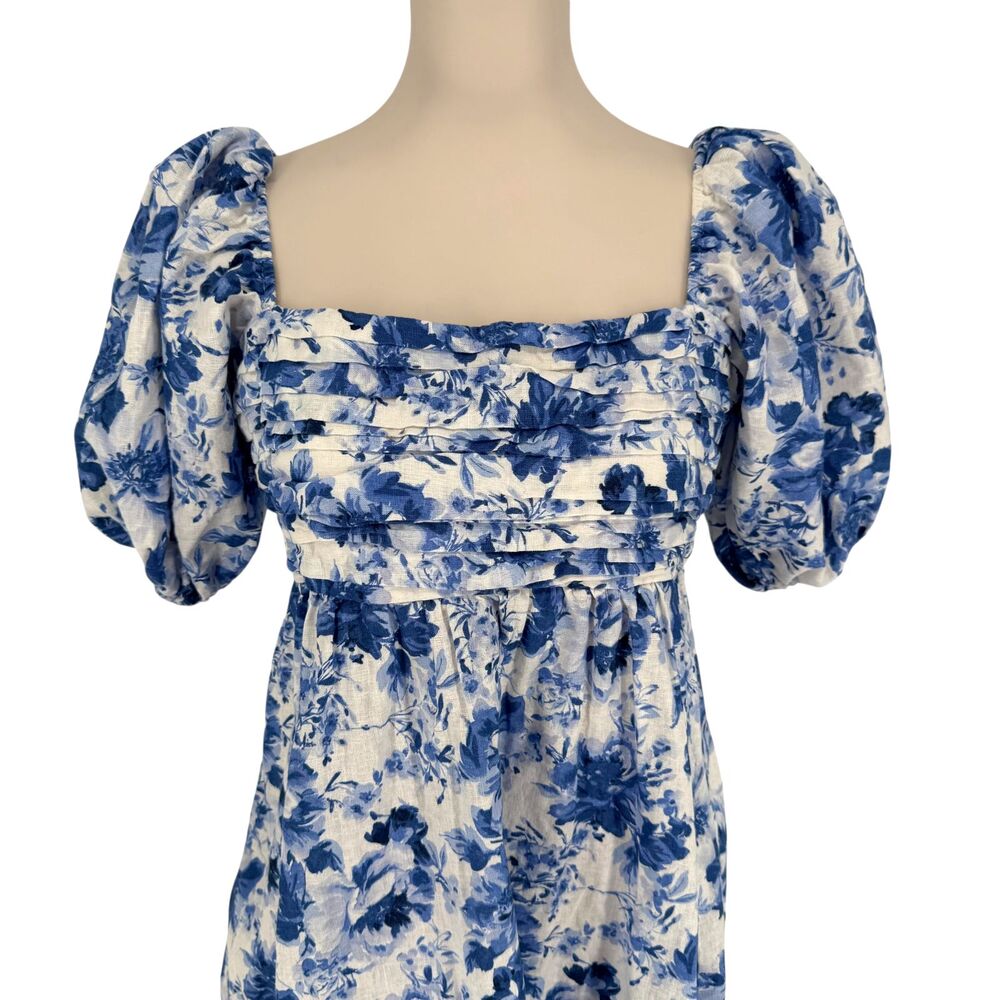 Abercrombie Emerson Mini Dress LP Petite Blue Floral Puff Sleeve Linen Pockets - Picture 3 of 13
